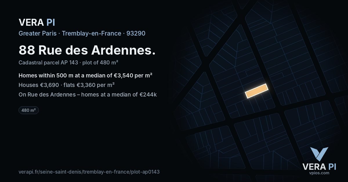 88 Rue des Ardennes, Tremblay-en-France at night – the plot lit, the parcels around coloured by the prices near them