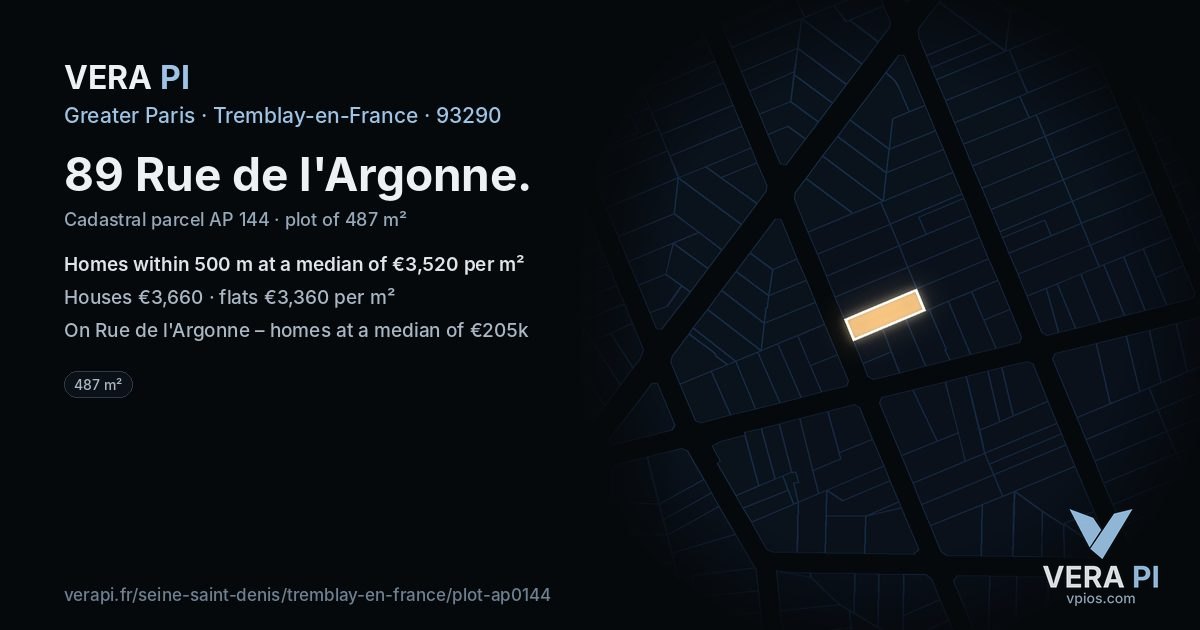 89 Rue de l'Argonne, Tremblay-en-France at night – the plot lit, the parcels around coloured by the prices near them
