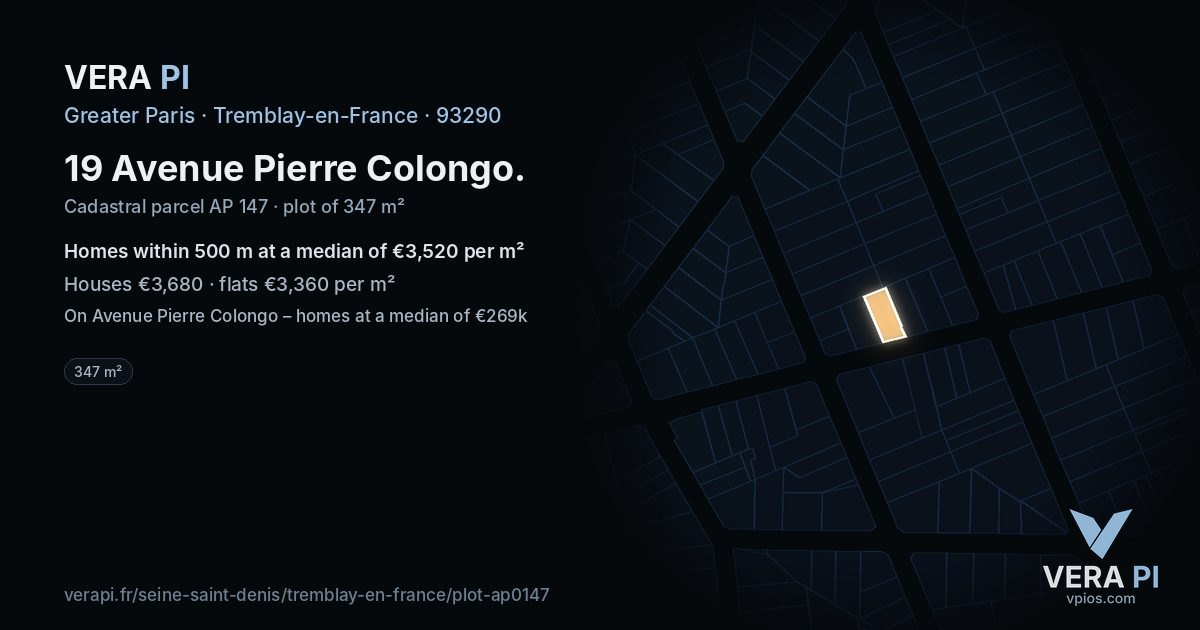 19 Avenue Pierre Colongo, Tremblay-en-France at night – the plot lit, the parcels around coloured by the prices near them