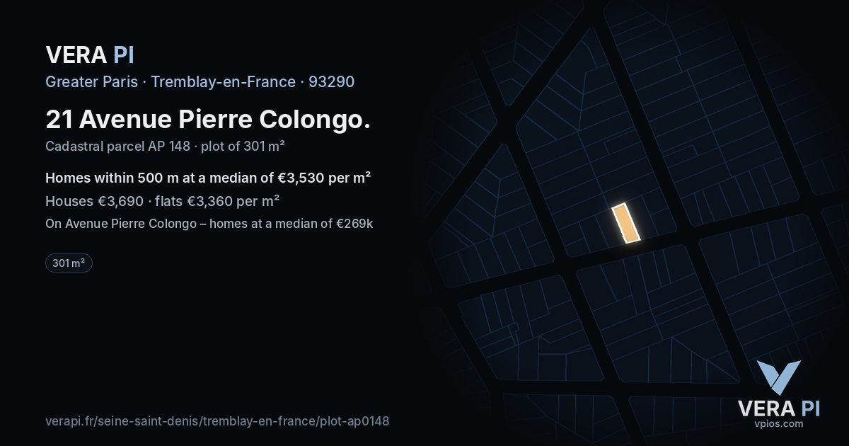 21 Avenue Pierre Colongo, Tremblay-en-France at night – the plot lit, the parcels around coloured by the prices near them
