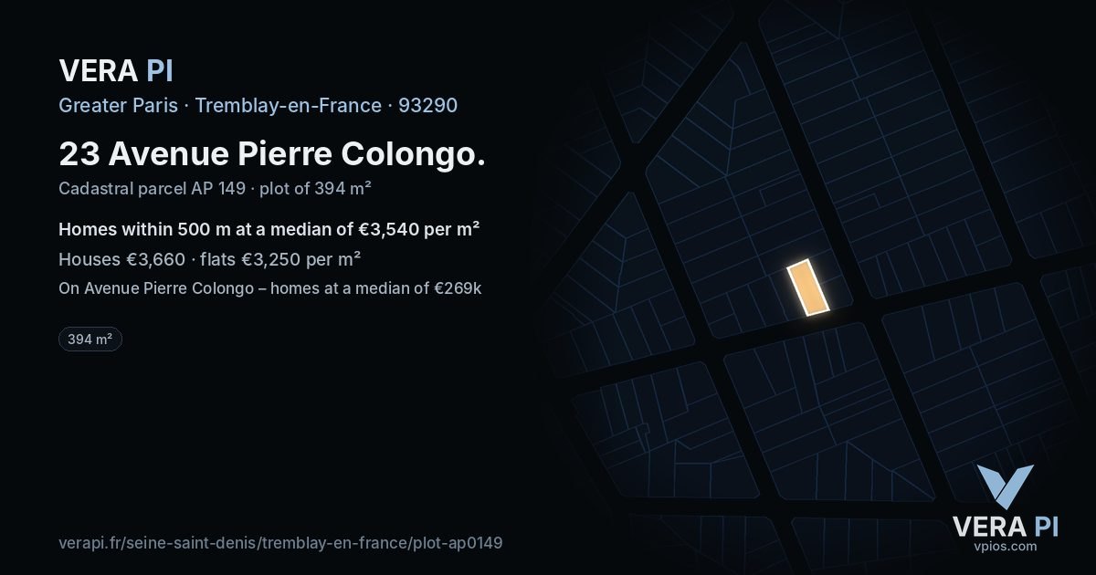23 Avenue Pierre Colongo, Tremblay-en-France at night – the plot lit, the parcels around coloured by the prices near them
