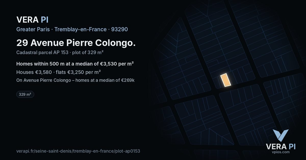 29 Avenue Pierre Colongo, Tremblay-en-France at night – the plot lit, the parcels around coloured by the prices near them