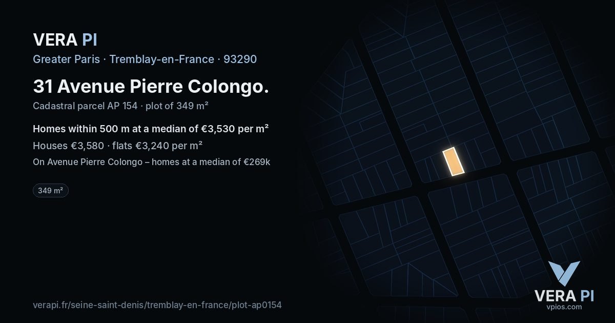 31 Avenue Pierre Colongo, Tremblay-en-France at night – the plot lit, the parcels around coloured by the prices near them