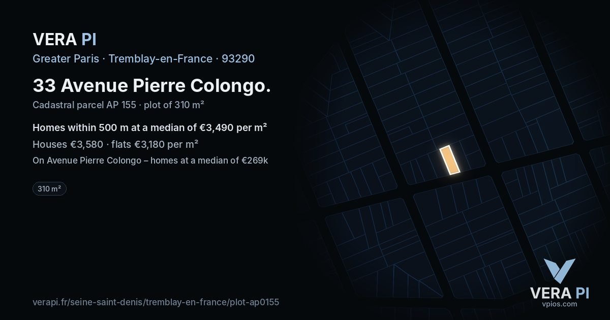 33 Avenue Pierre Colongo, Tremblay-en-France at night – the plot lit, the parcels around coloured by the prices near them
