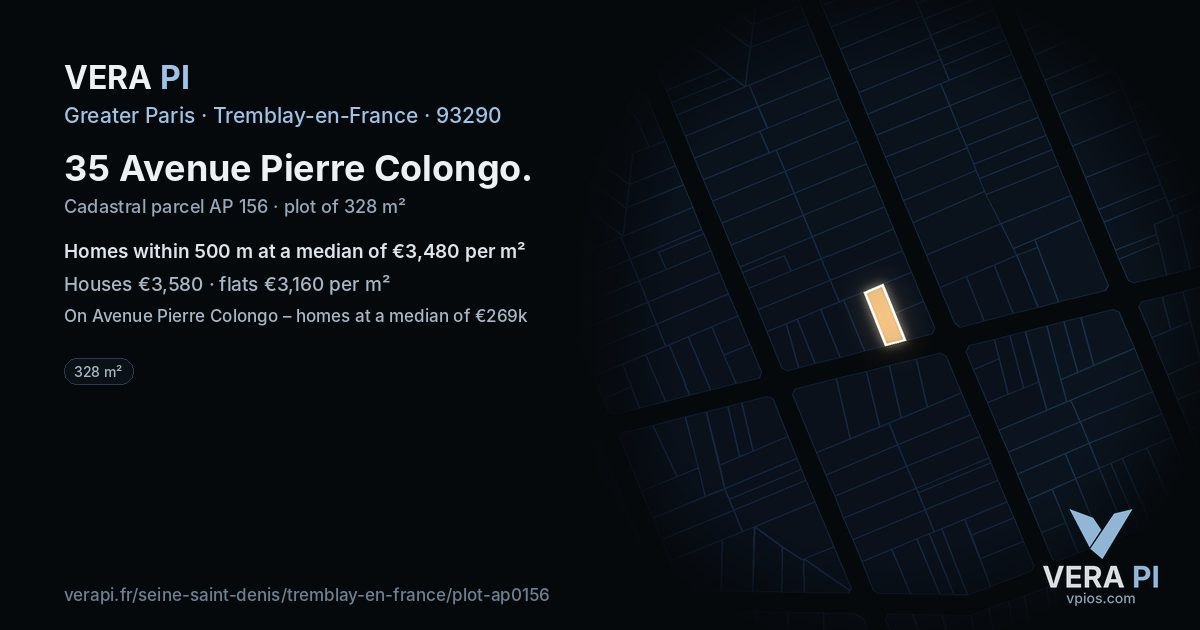 35 Avenue Pierre Colongo, Tremblay-en-France at night – the plot lit, the parcels around coloured by the prices near them