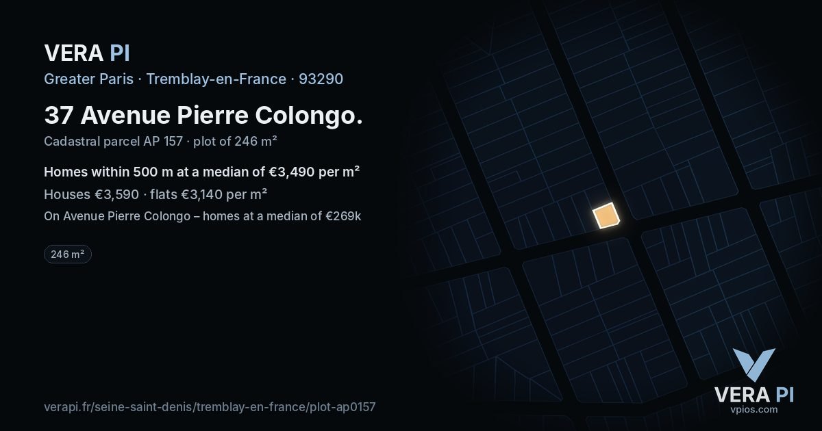 37 Avenue Pierre Colongo, Tremblay-en-France at night – the plot lit, the parcels around coloured by the prices near them