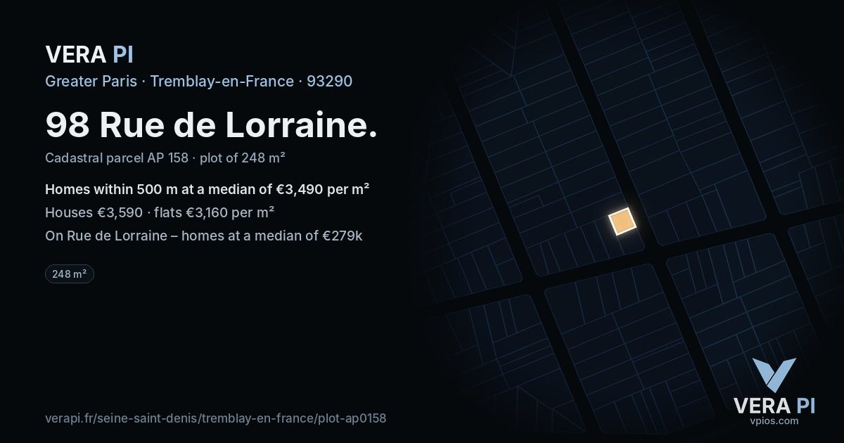 98 Rue de Lorraine, Tremblay-en-France at night – the plot lit, the parcels around coloured by the prices near them