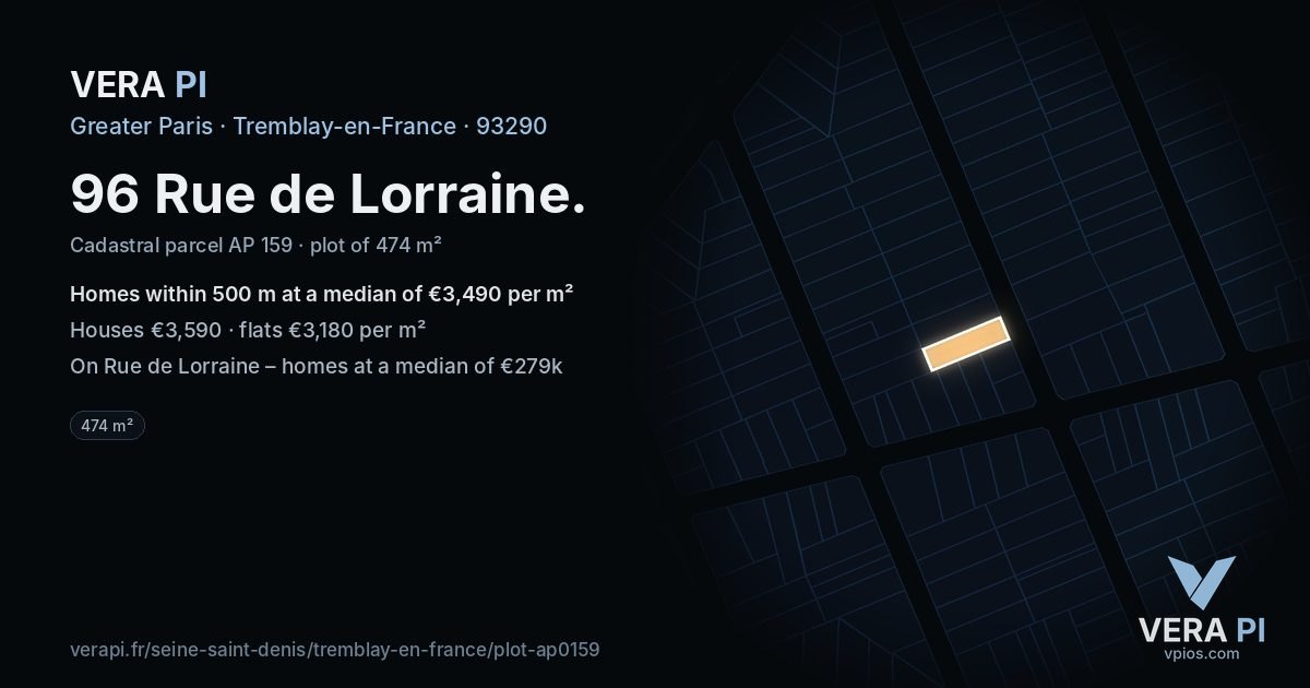 96 Rue de Lorraine, Tremblay-en-France at night – the plot lit, the parcels around coloured by the prices near them