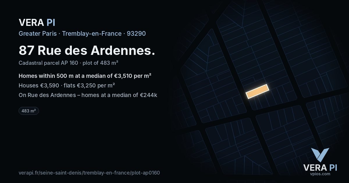 87 Rue des Ardennes, Tremblay-en-France at night – the plot lit, the parcels around coloured by the prices near them