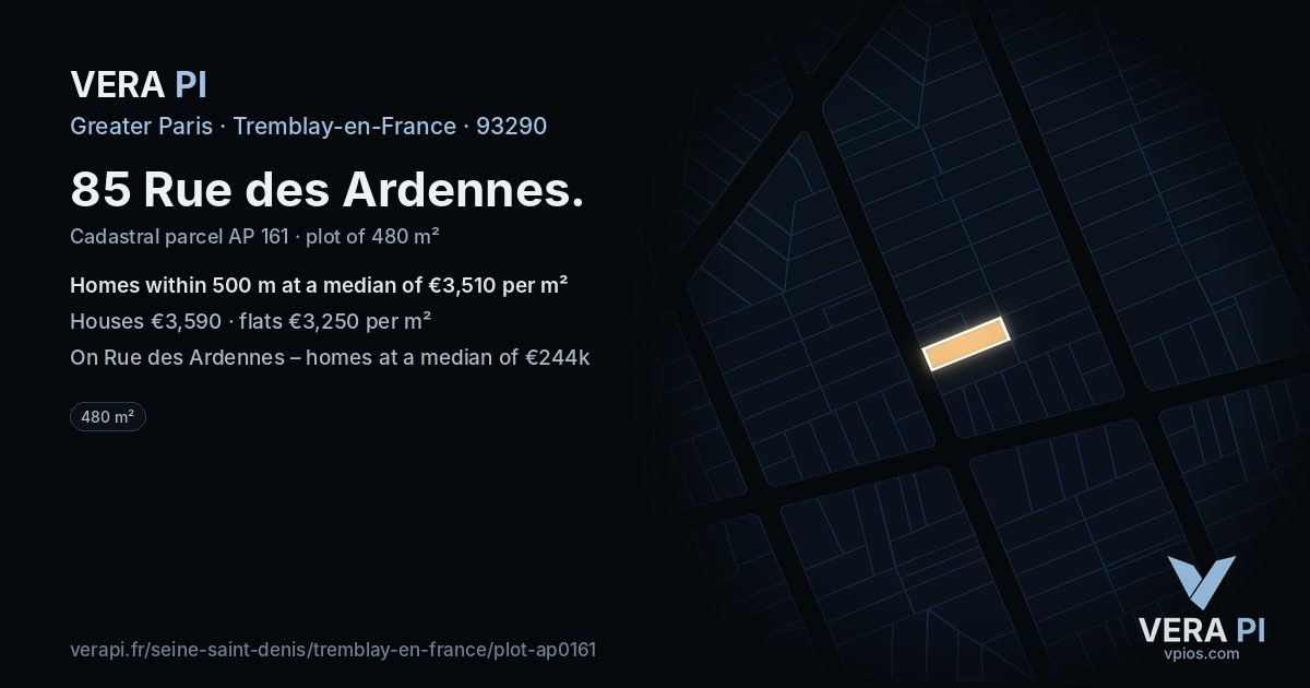 85 Rue des Ardennes, Tremblay-en-France at night – the plot lit, the parcels around coloured by the prices near them
