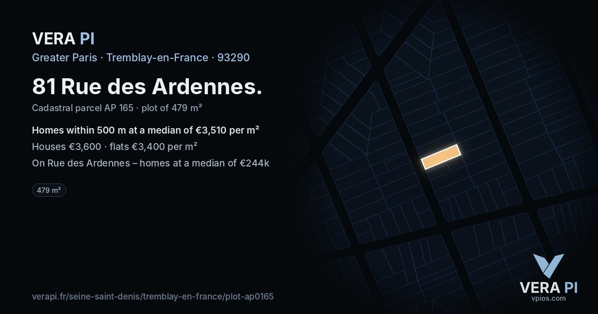 81 Rue des Ardennes, Tremblay-en-France at night – the plot lit, the parcels around coloured by the prices near them