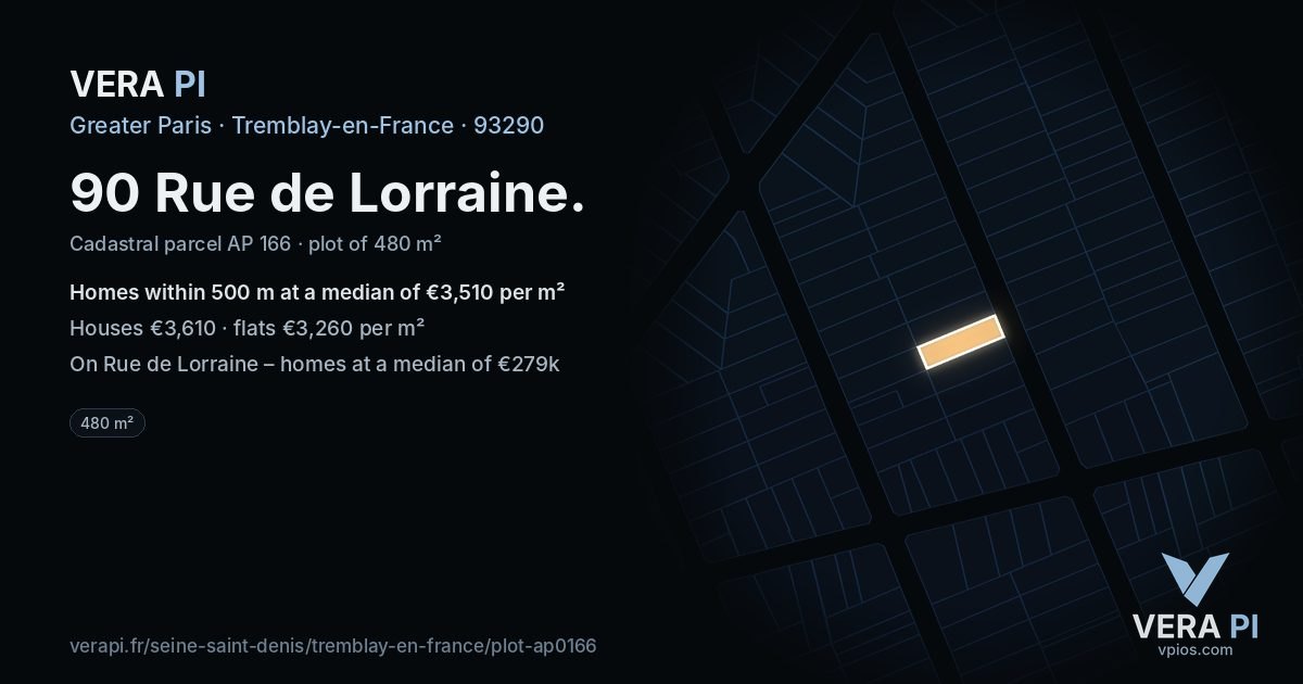 90 Rue de Lorraine, Tremblay-en-France at night – the plot lit, the parcels around coloured by the prices near them