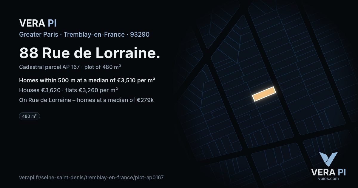 88 Rue de Lorraine, Tremblay-en-France at night – the plot lit, the parcels around coloured by the prices near them