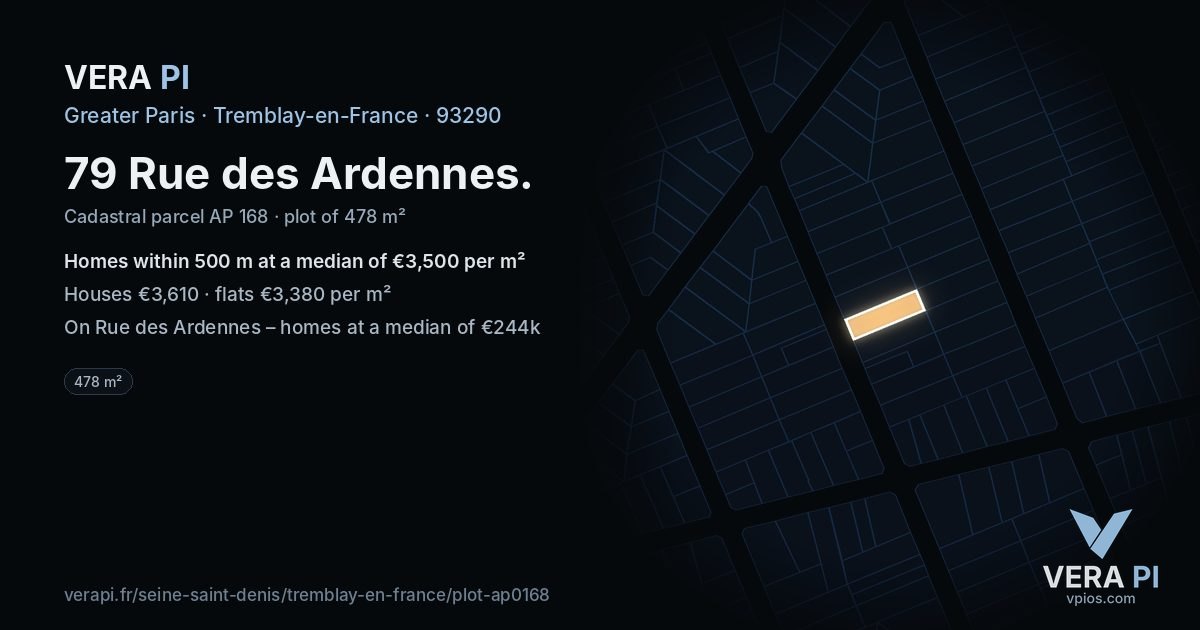 79 Rue des Ardennes, Tremblay-en-France at night – the plot lit, the parcels around coloured by the prices near them
