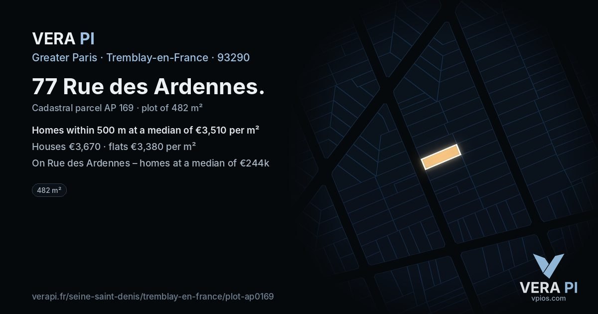 77 Rue des Ardennes, Tremblay-en-France at night – the plot lit, the parcels around coloured by the prices near them