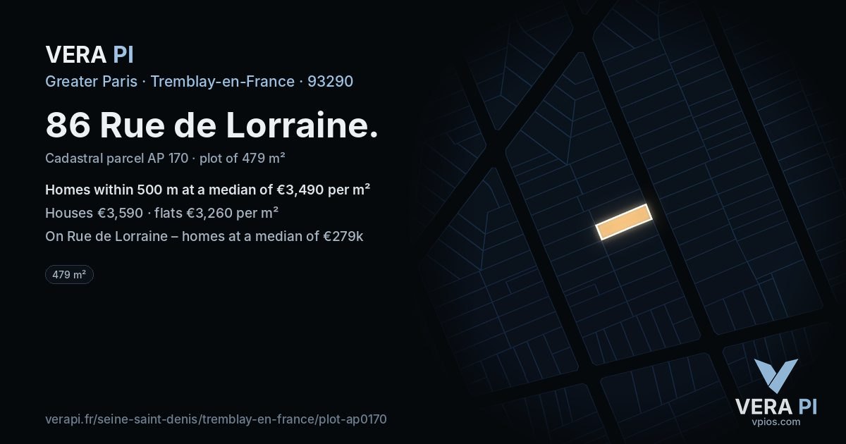 86 Rue de Lorraine, Tremblay-en-France at night – the plot lit, the parcels around coloured by the prices near them