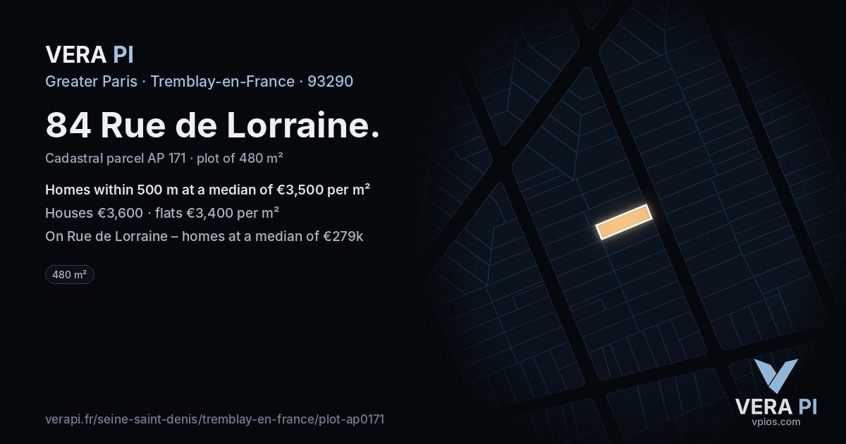 84 Rue de Lorraine, Tremblay-en-France at night – the plot lit, the parcels around coloured by the prices near them