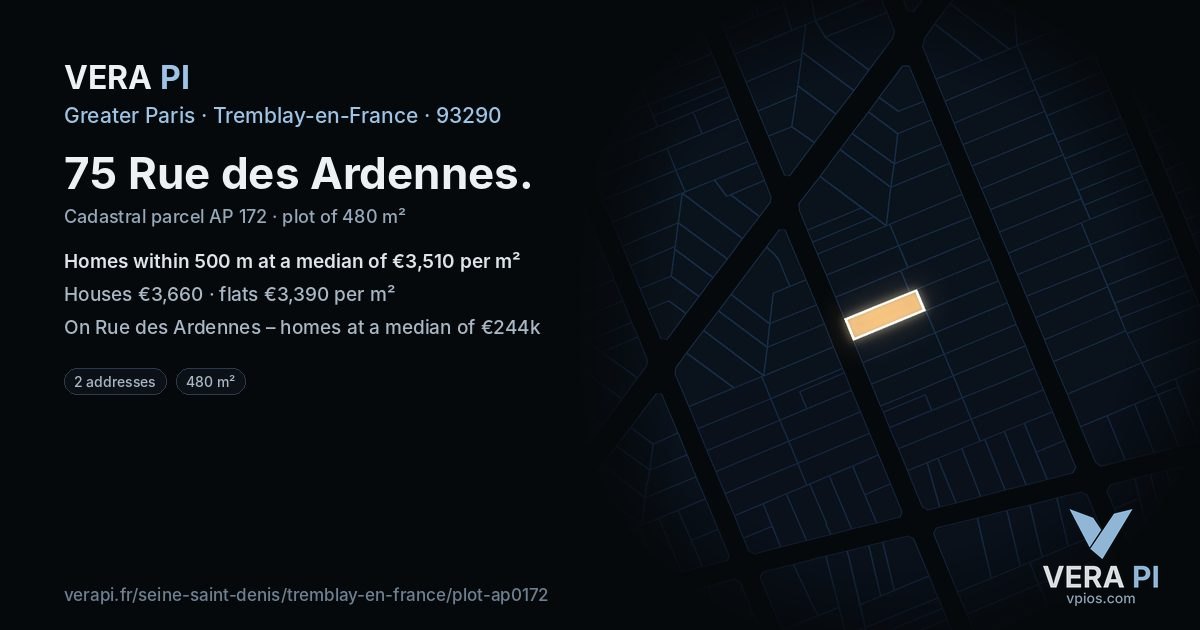 75 Rue des Ardennes, Tremblay-en-France at night – the plot lit, the parcels around coloured by the prices near them