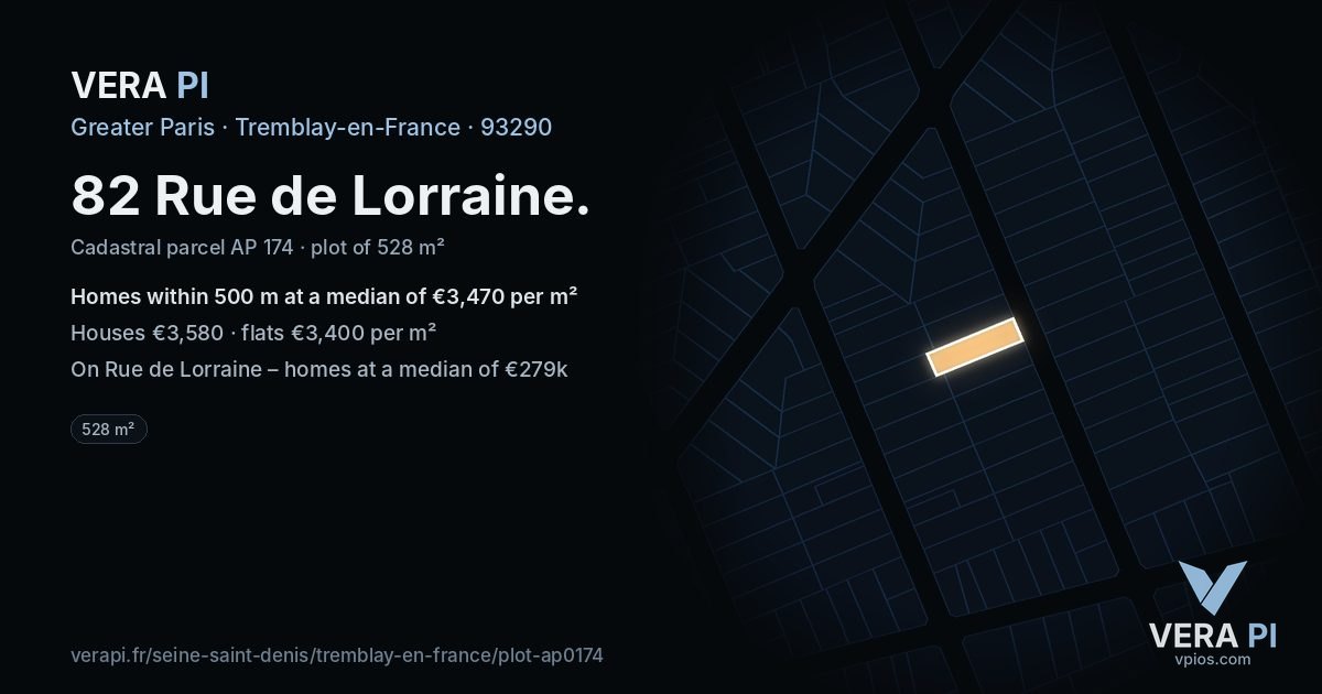 82 Rue de Lorraine, Tremblay-en-France at night – the plot lit, the parcels around coloured by the prices near them