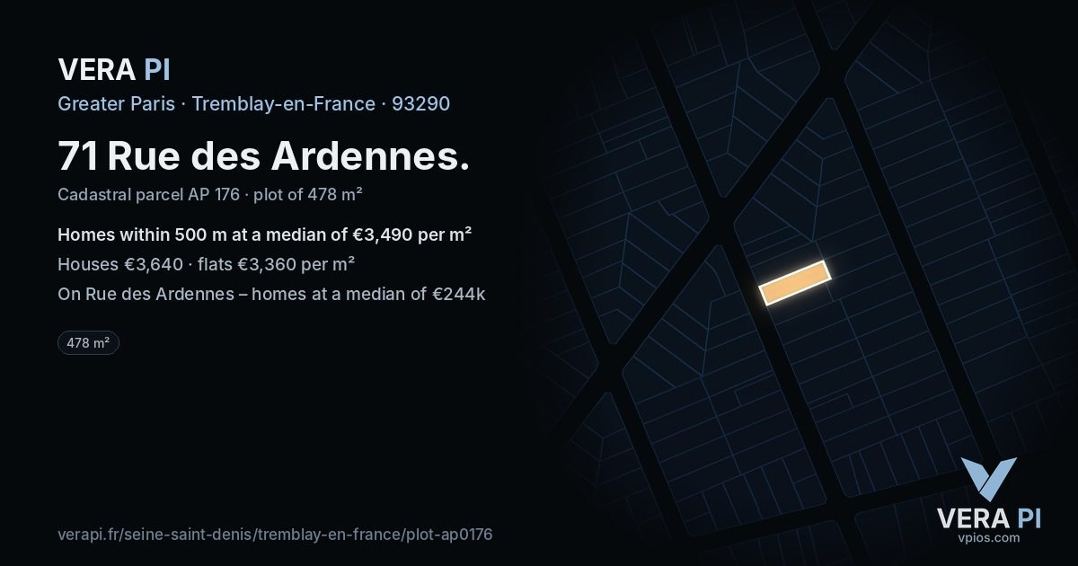 71 Rue des Ardennes, Tremblay-en-France at night – the plot lit, the parcels around coloured by the prices near them
