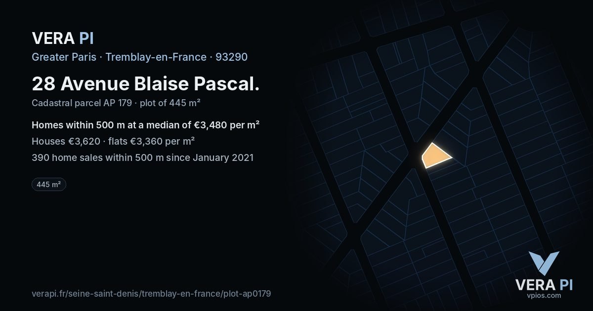 28 Avenue Blaise Pascal, Tremblay-en-France at night – the plot lit, the parcels around coloured by the prices near them
