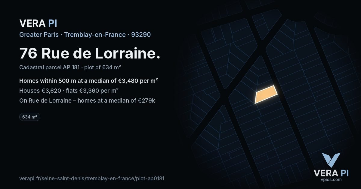 76 Rue de Lorraine, Tremblay-en-France at night – the plot lit, the parcels around coloured by the prices near them
