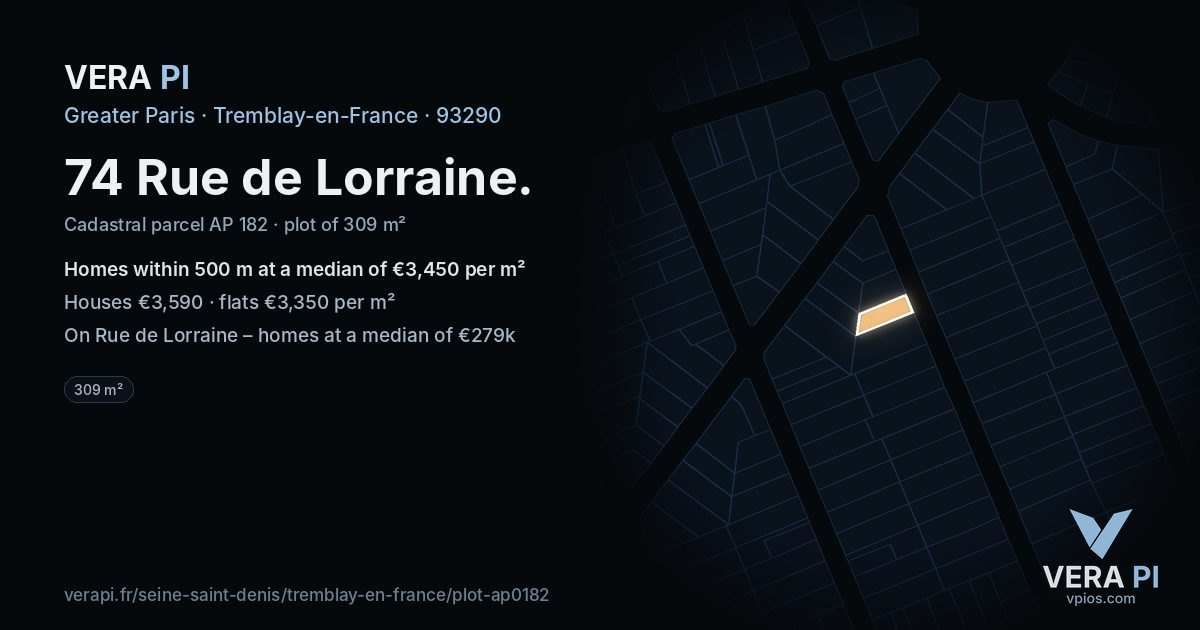 74 Rue de Lorraine, Tremblay-en-France at night – the plot lit, the parcels around coloured by the prices near them
