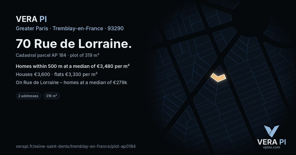 70 Rue de Lorraine, Tremblay-en-France at night – the plot lit, the parcels around coloured by the prices near them