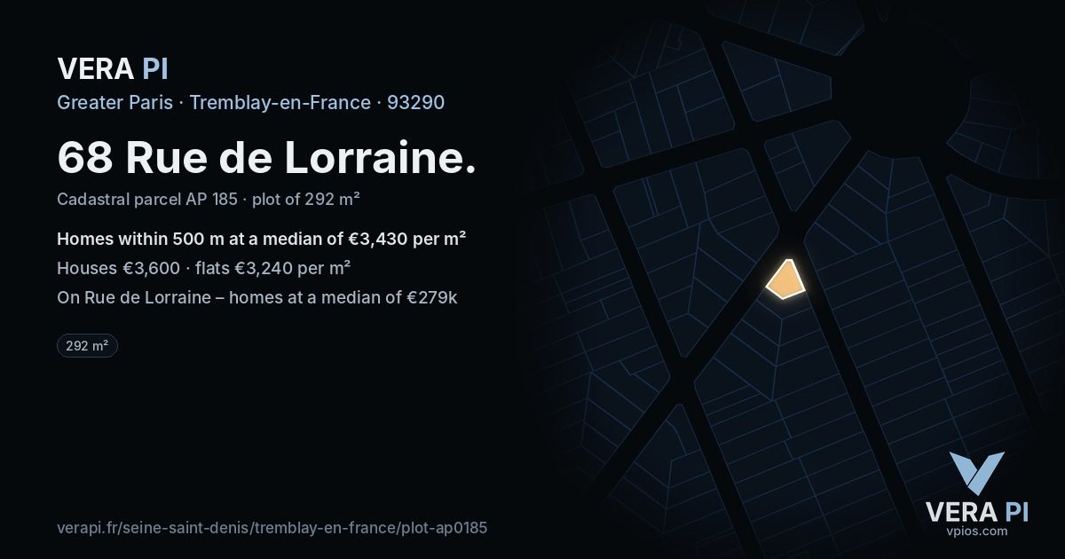 68 Rue de Lorraine, Tremblay-en-France at night – the plot lit, the parcels around coloured by the prices near them
