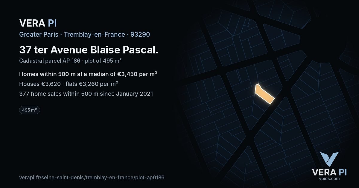 37 ter Avenue Blaise Pascal, Tremblay-en-France at night – the plot lit, the parcels around coloured by the prices near them
