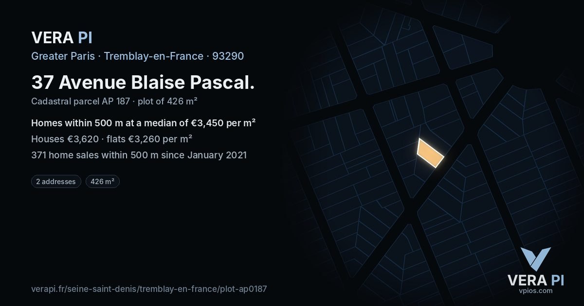 37 Avenue Blaise Pascal, Tremblay-en-France at night – the plot lit, the parcels around coloured by the prices near them
