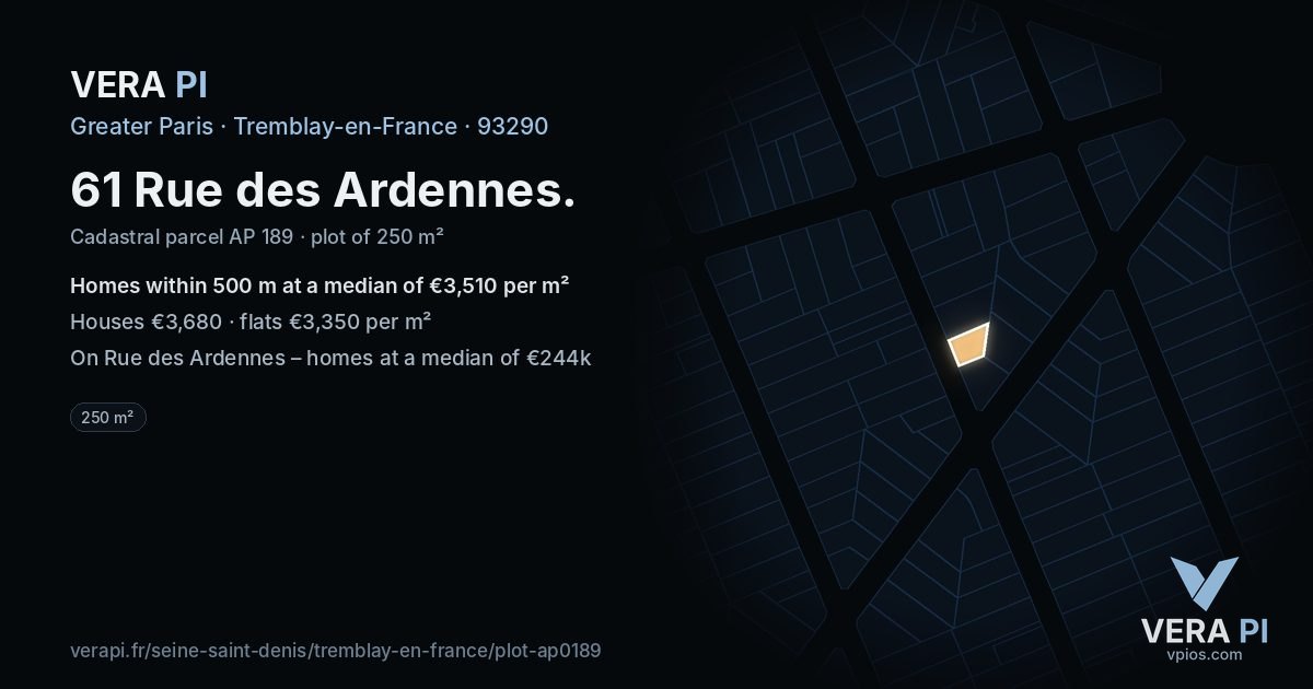 61 Rue des Ardennes, Tremblay-en-France at night – the plot lit, the parcels around coloured by the prices near them