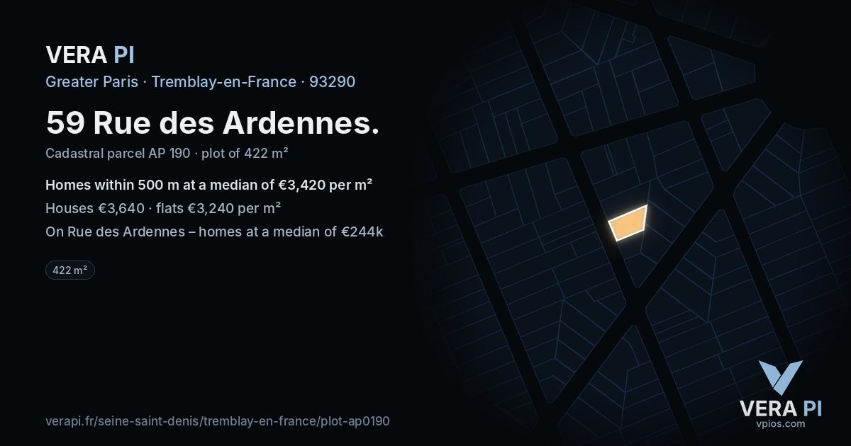 59 Rue des Ardennes, Tremblay-en-France at night – the plot lit, the parcels around coloured by the prices near them