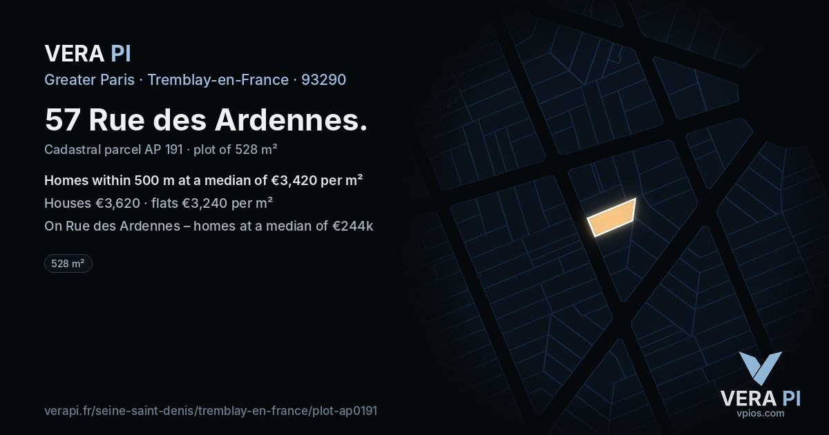 57 Rue des Ardennes, Tremblay-en-France at night – the plot lit, the parcels around coloured by the prices near them