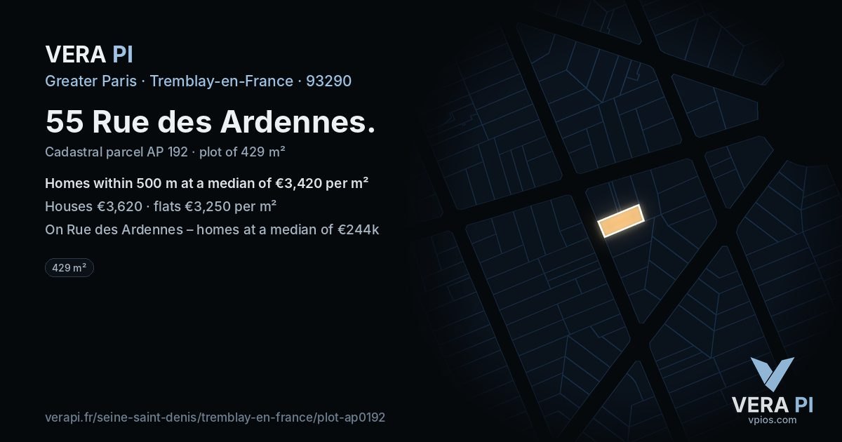 55 Rue des Ardennes, Tremblay-en-France at night – the plot lit, the parcels around coloured by the prices near them