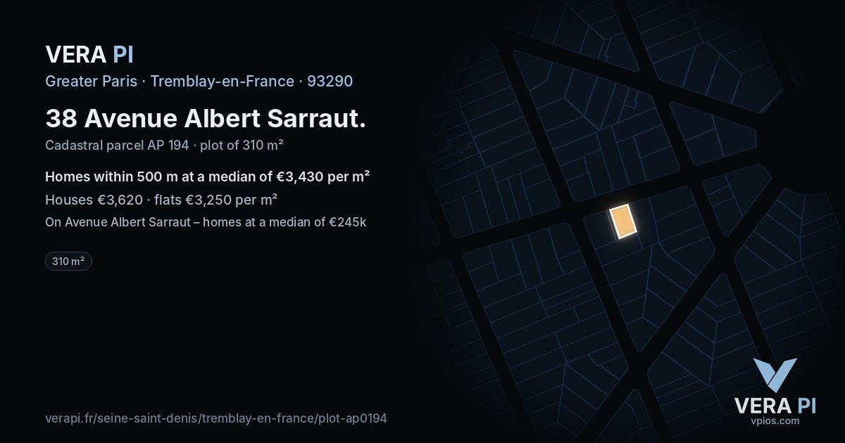38 Avenue Albert Sarraut, Tremblay-en-France at night – the plot lit, the parcels around coloured by the prices near them