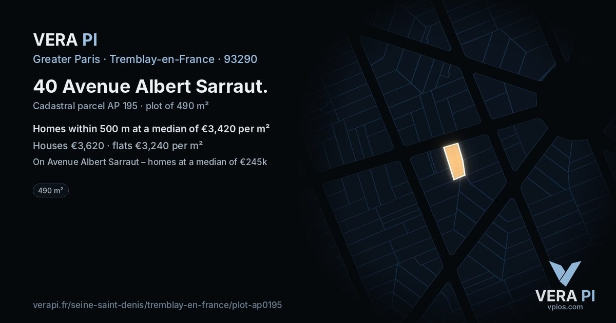 40 Avenue Albert Sarraut, Tremblay-en-France at night – the plot lit, the parcels around coloured by the prices near them