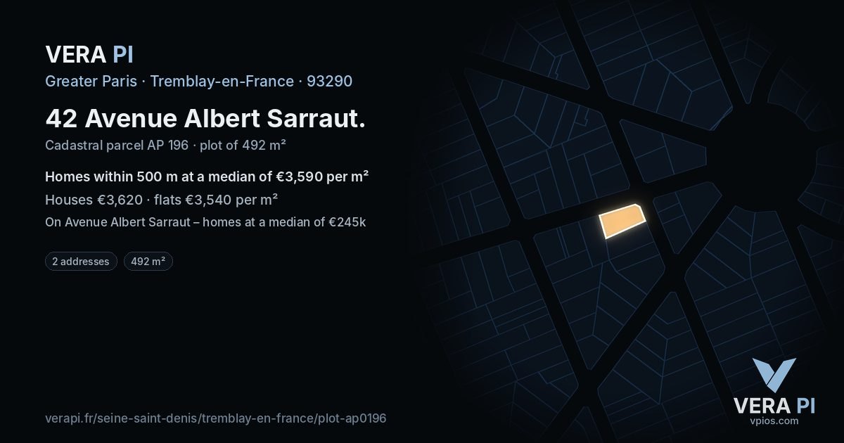 42 Avenue Albert Sarraut, Tremblay-en-France at night – the plot lit, the parcels around coloured by the prices near them