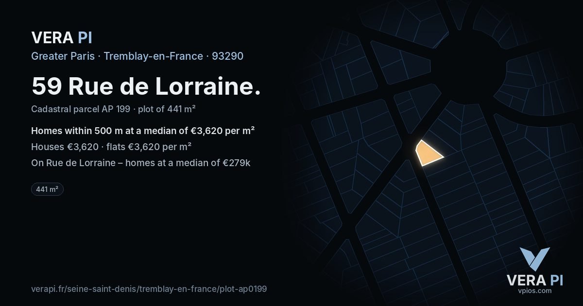 59 Rue de Lorraine, Tremblay-en-France at night – the plot lit, the parcels around coloured by the prices near them