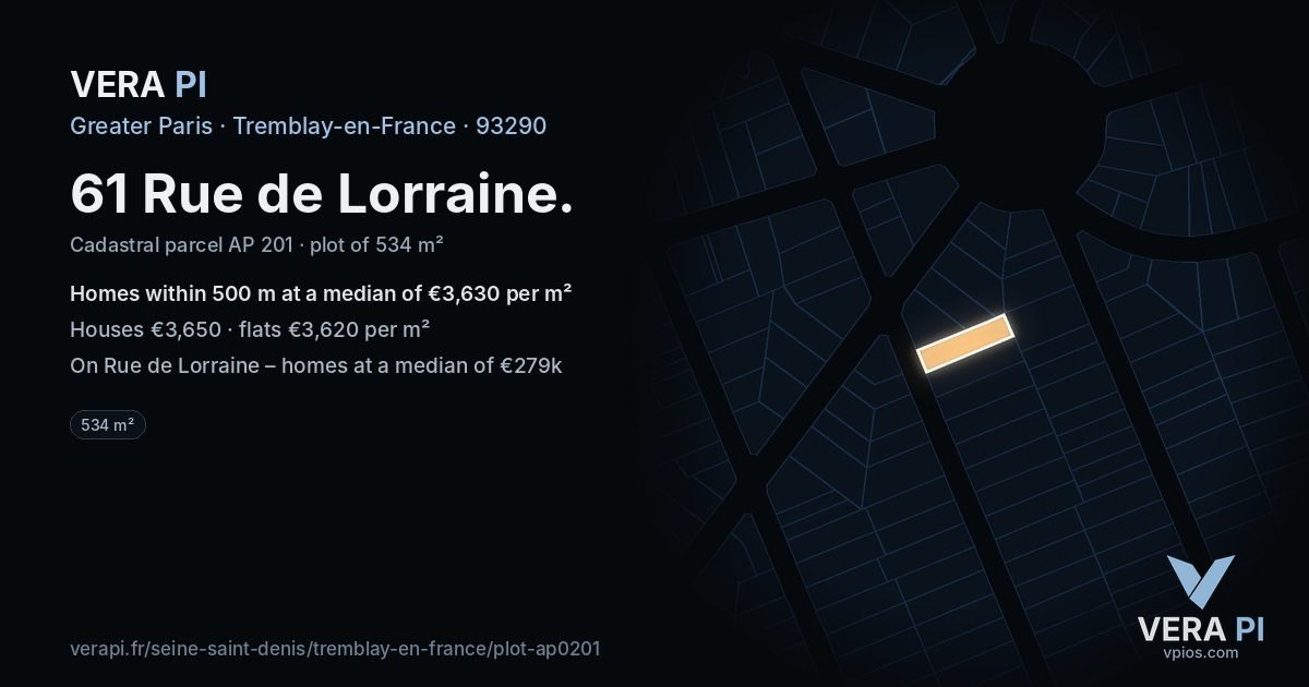 61 Rue de Lorraine, Tremblay-en-France at night – the plot lit, the parcels around coloured by the prices near them