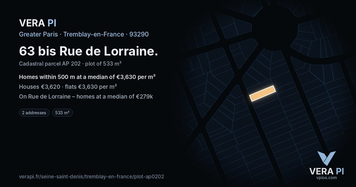 63 bis Rue de Lorraine, Tremblay-en-France at night – the plot lit, the parcels around coloured by the prices near them