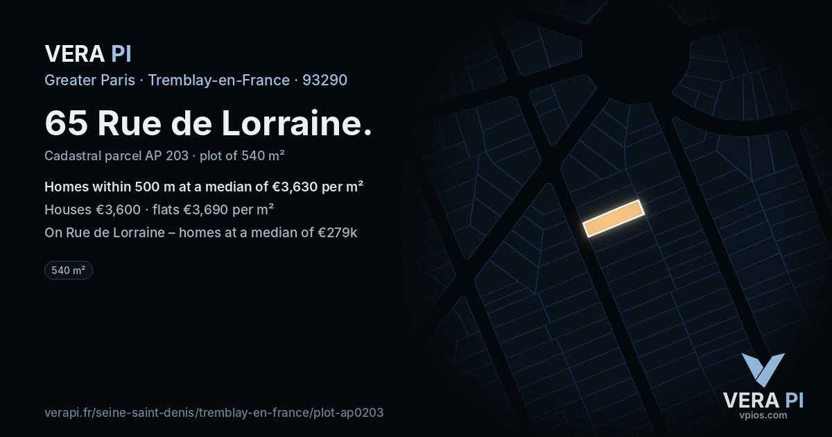 65 Rue de Lorraine, Tremblay-en-France at night – the plot lit, the parcels around coloured by the prices near them