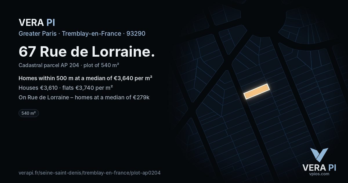 67 Rue de Lorraine, Tremblay-en-France at night – the plot lit, the parcels around coloured by the prices near them