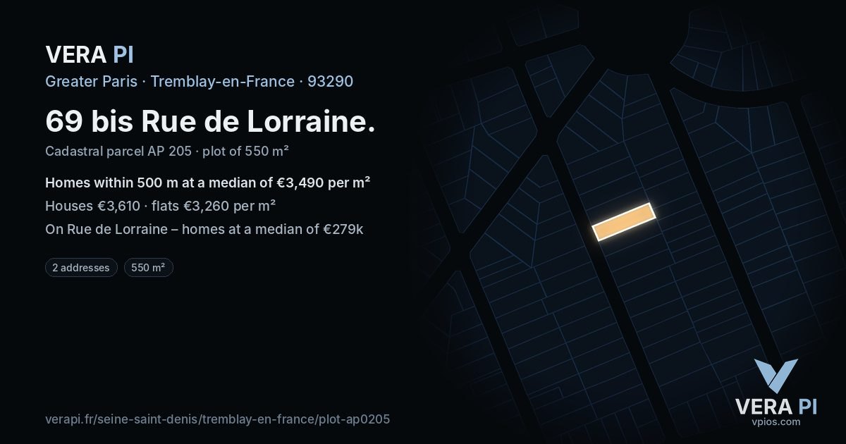 69 bis Rue de Lorraine, Tremblay-en-France at night – the plot lit, the parcels around coloured by the prices near them