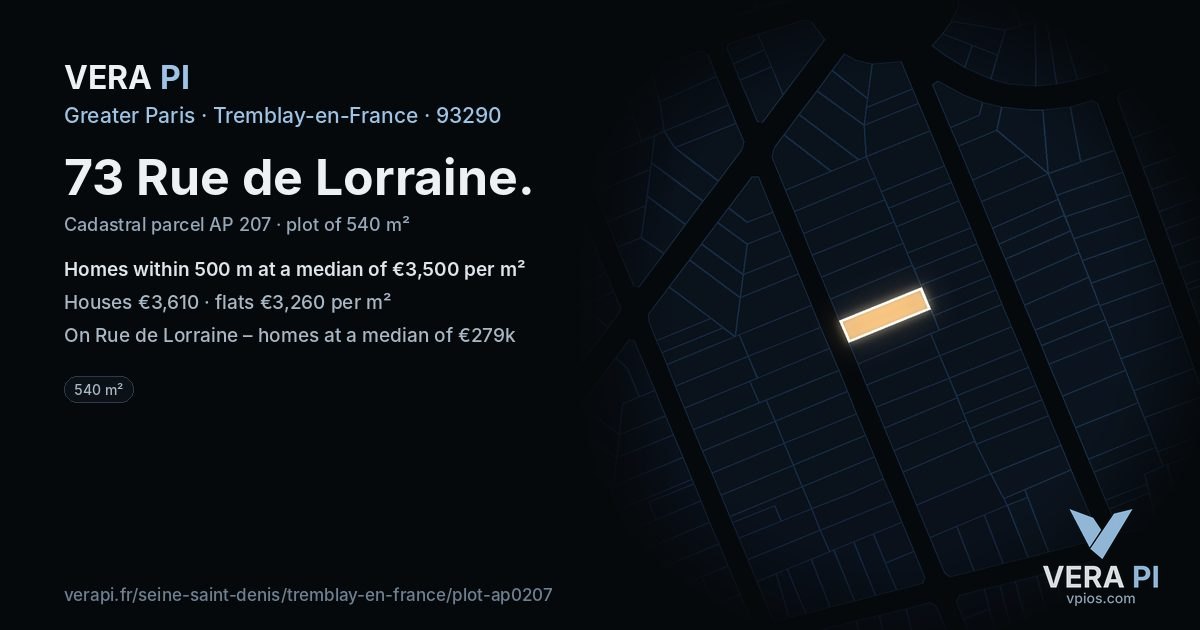 73 Rue de Lorraine, Tremblay-en-France at night – the plot lit, the parcels around coloured by the prices near them