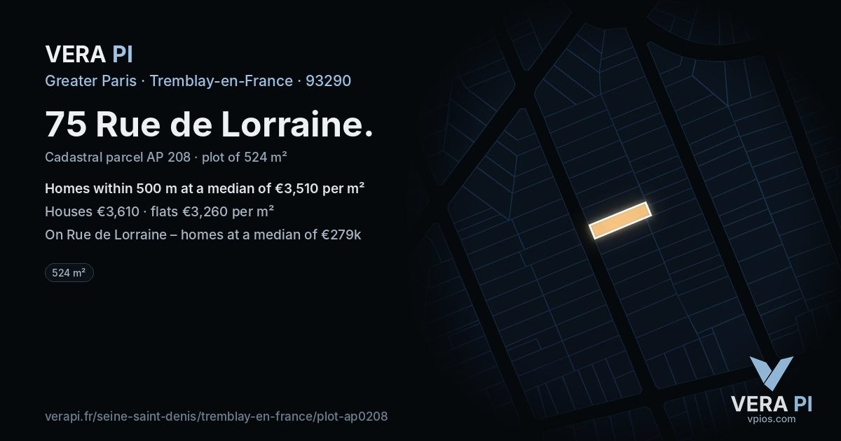 75 Rue de Lorraine, Tremblay-en-France at night – the plot lit, the parcels around coloured by the prices near them