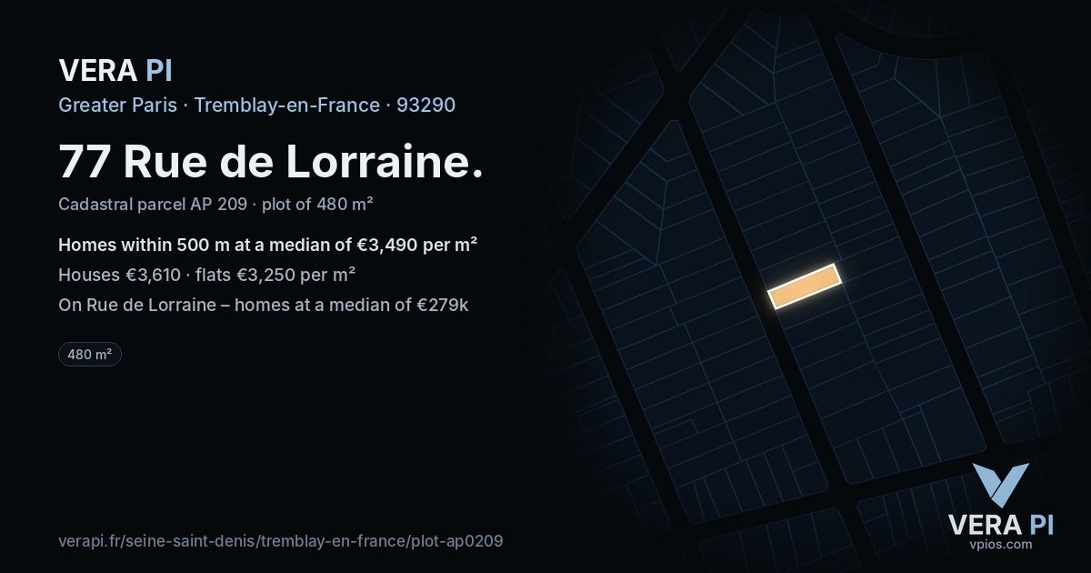 77 Rue de Lorraine, Tremblay-en-France at night – the plot lit, the parcels around coloured by the prices near them