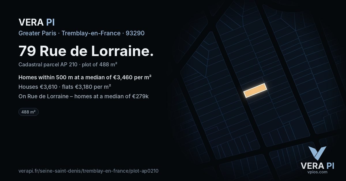 79 Rue de Lorraine, Tremblay-en-France at night – the plot lit, the parcels around coloured by the prices near them
