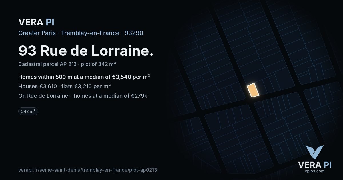 93 Rue de Lorraine, Tremblay-en-France at night – the plot lit, the parcels around coloured by the prices near them