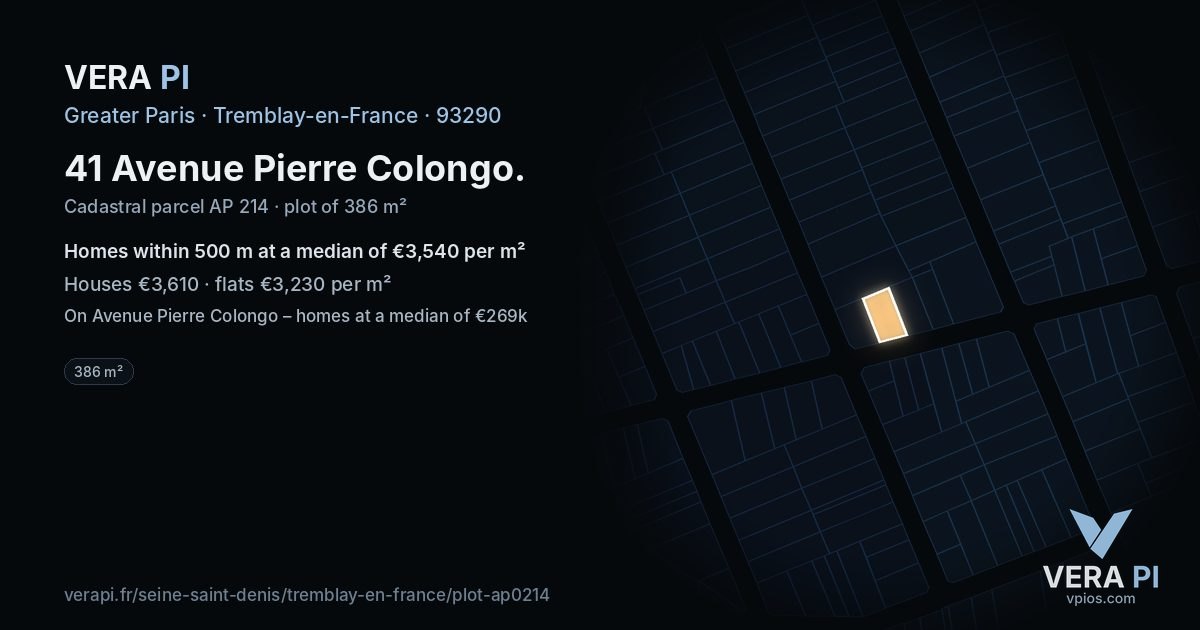 41 Avenue Pierre Colongo, Tremblay-en-France at night – the plot lit, the parcels around coloured by the prices near them